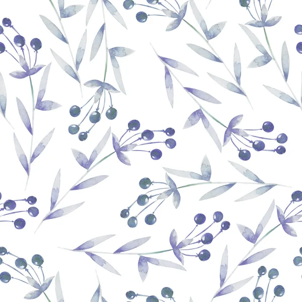 Seamless pattern with the blue berries, hand drawn in a watercolor on a white background — Stok fotoğraf