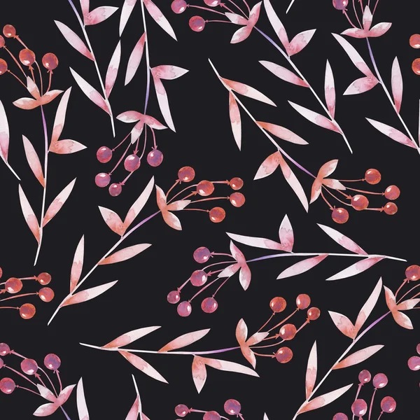 Seamless pattern with the red and orange berries, hand drawn in a watercolor on a dark background — ストック写真