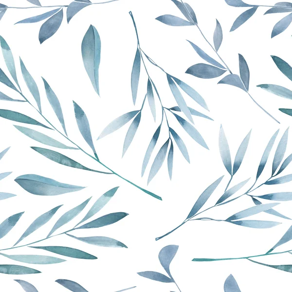 Seamless floral pattern with the watercolor green leaves on the branches — Stock Photo, Image