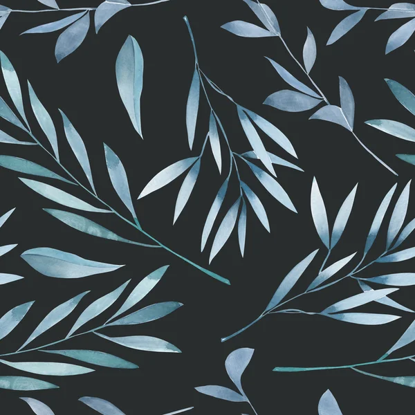 Seamless floral pattern with the watercolor green leaves on the branches — Stock Photo, Image