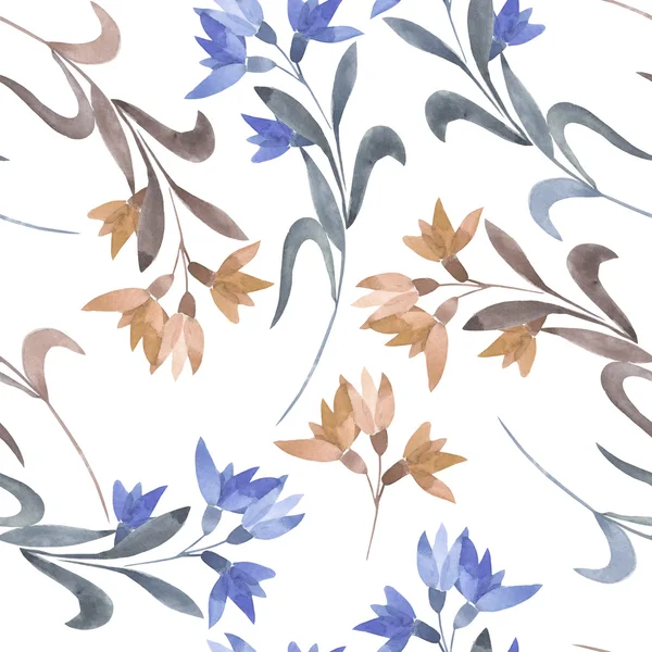 水彩画シンプルなピンクと青の抽象的な花とシームレスな花柄 — ストック写真