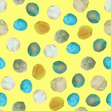 Sarı bir arka plan üzerine çizilmiş suluboya yeşil, sarı, nane lekeleri (lekeler) el ile dikişsiz desen