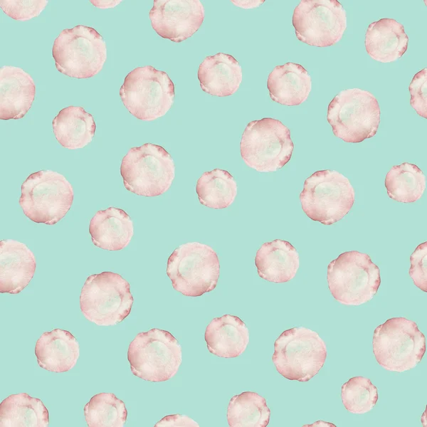 Sömlös mönster med akvarell rosa fläckar (blots) hand dras på en Mint bakgrund — Stockfoto