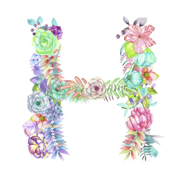Capital letter Z of watercolor flowers, isolated hand drawn on a white ...