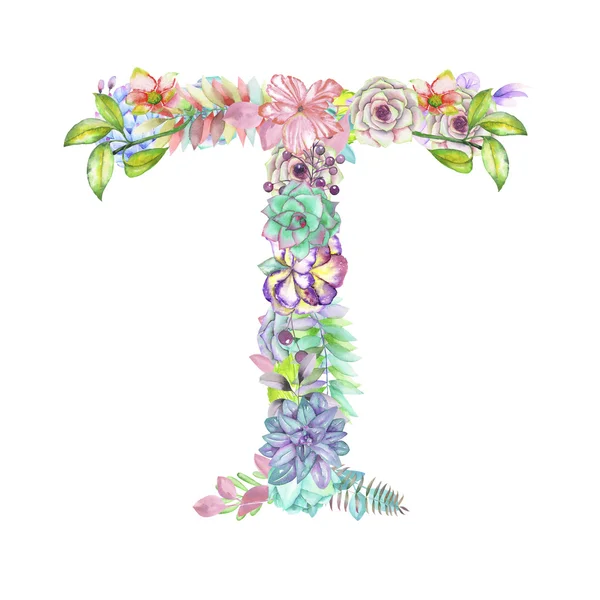 Capital letter T of watercolor flowers, isolated hand drawn on a white background, wedding design — Stock Photo, Image
