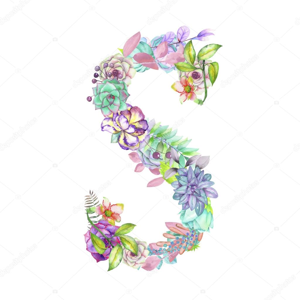 Capital letter S of watercolor flowers, isolated hand drawn on a white  background, wedding design Stock Photo by ©NastyaSklyarova 109973346