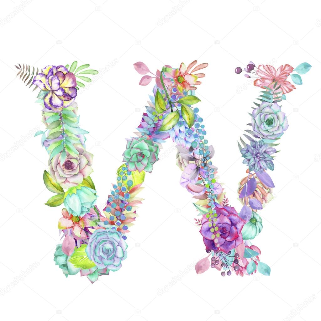 Capital Letter W Of Watercolor Flowers Isolated Hand