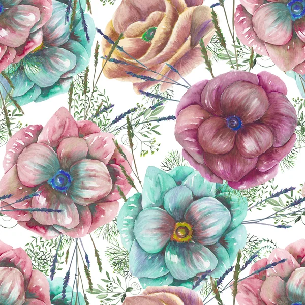 Seamless pattern with the watercolor anemone flowers and grass — Stok fotoğraf