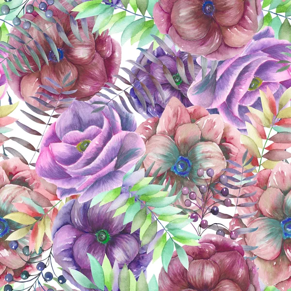 Seamless pattern with the watercolor anemone flowers, fern, leaves and branches — Zdjęcie stockowe