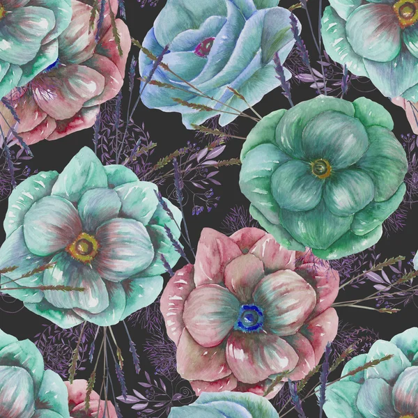 Seamless pattern with the watercolor anemone flowers and grass — ストック写真