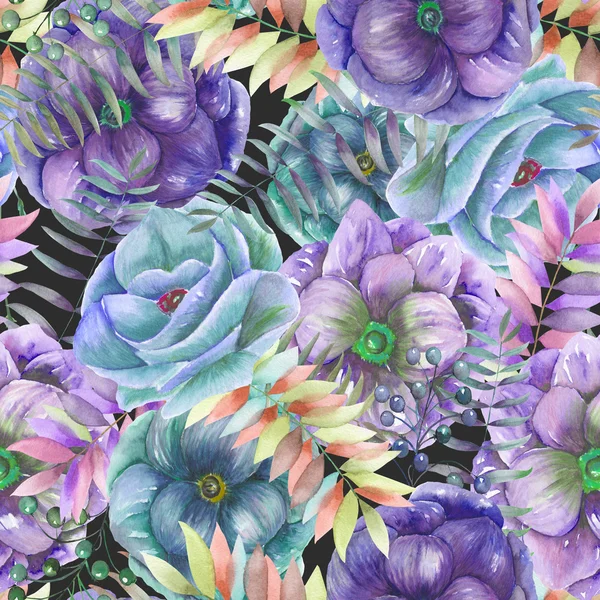 Seamless pattern with the watercolor anemone flowers, fern, leaves and branches — Zdjęcie stockowe