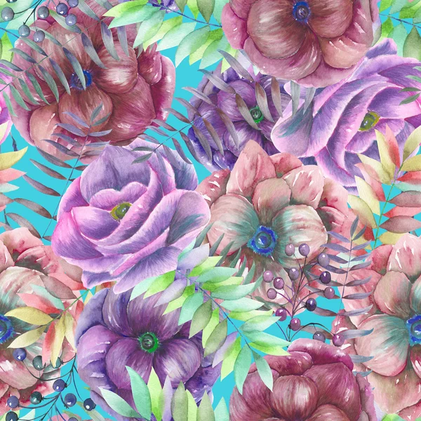 Seamless pattern with the watercolor anemone flowers, fern, leaves and branches — Zdjęcie stockowe