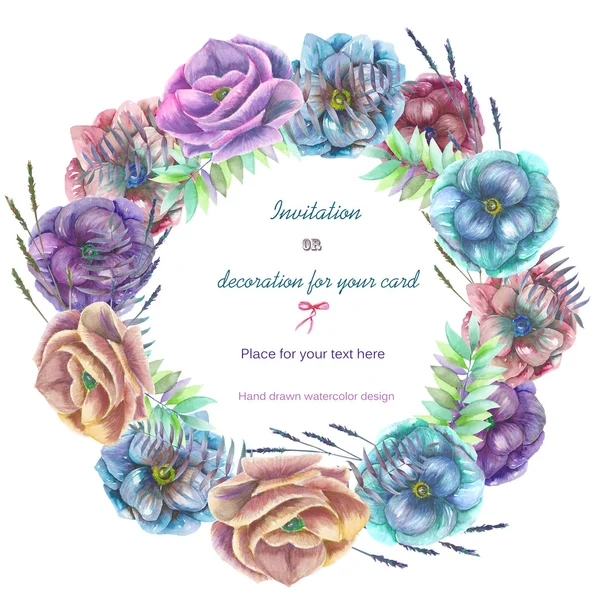 Circle frame, wreath with the watercolor anemone flowers, fern and branches hand drawn on a white background — Stock Photo, Image