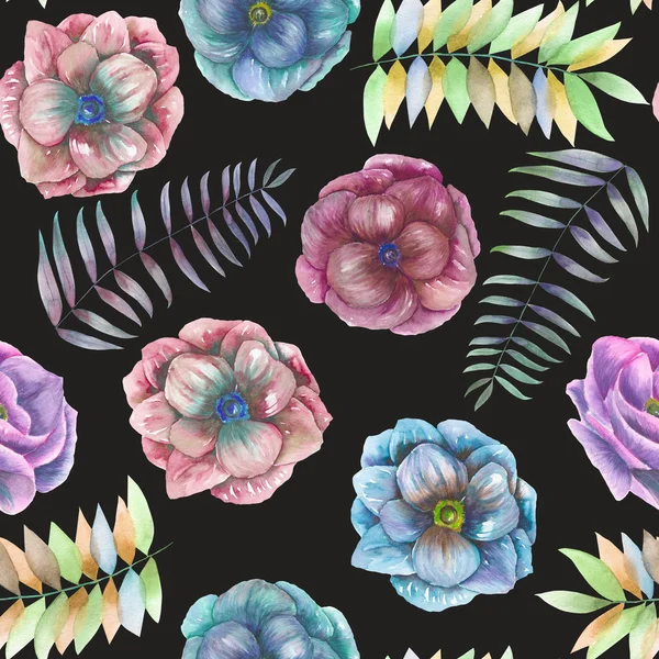 Seamless pattern with the watercolor anemone flowers, fern, leaves and branches — 스톡 사진