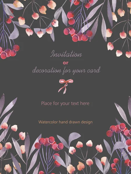 Background, template postcard with a floral ornament of the watercolor purple branches and red berries, hand drawn in a pastel on a dark background — Stock Photo, Image