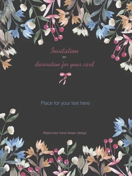 Background, template postcard with a floral ornament of the watercolor branches, flowers and berries, hand drawn in a pastel on a dark background — Stock Photo, Image