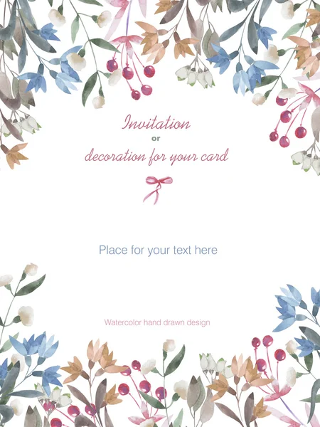 Background, template postcard with a floral ornament of the watercolor branches, flowers and berries, hand drawn in a pastel on a white background