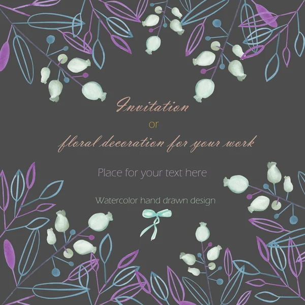 Hintergrund, Vorlage Postkarte mit abstrakten Aquarellen blauer und lila Blätter und Zweige und Beeren, handgezeichnet in Pastell auf dunklem Hintergrund — Stockfoto