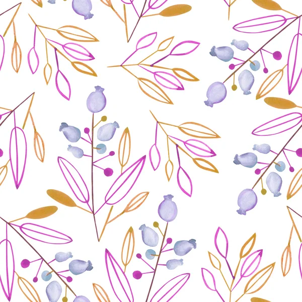 Безшовний візерунок з абстрактним акварельним коричневим і фіолетовим листям і гілками і блакитними ягодами на білому тлі — стокове фото