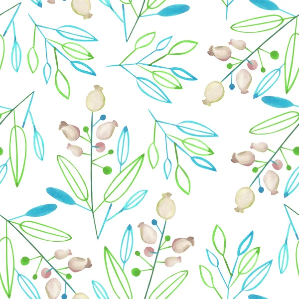 Nahtloses Muster mit dem abstrakten Aquarell Minze und grünen Blättern und Zweigen mit violetten Beeren auf weißem Hintergrund — Stockfoto