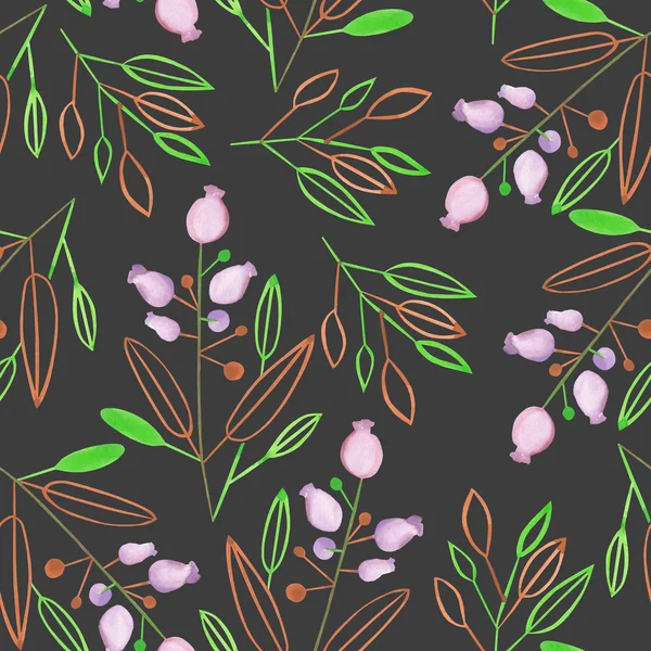 Seamless pattern with the abstract watercolor brown and green leaves and branches and purple berries on a dark background — Stock Photo, Image