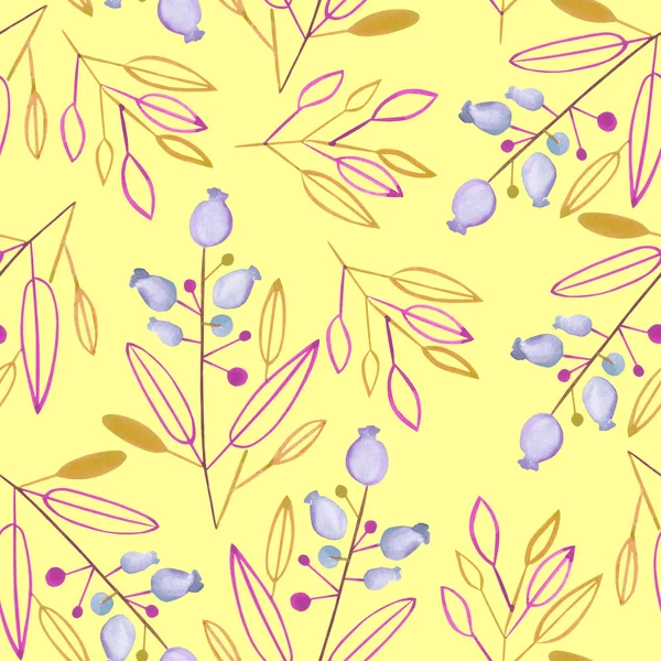 Χωρίς ραφές με τις αφηρημένες υδατογραφίεςκαστανά φύλλα και κλαδιά και μπλε μούρα σε κίτρινο φόντο — Φωτογραφία Αρχείου
