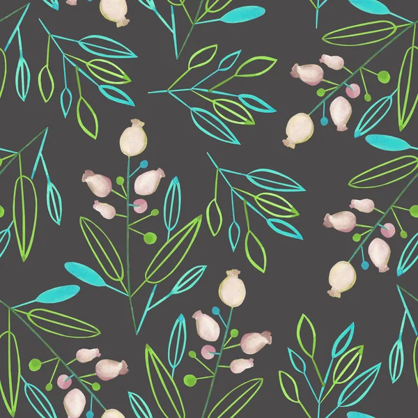 Seamless pattern with the abstract watercolor mint and green leaves and branches with purple berries on a dark background — Stock Photo, Image