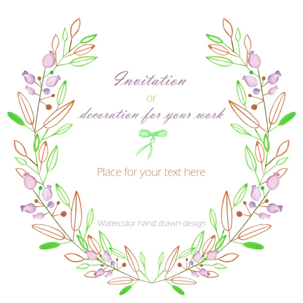 Circle frame, wreath of the pastel green and brown branches and purple berries, hand drawn in a watercolor on a white background — Stock Photo, Image