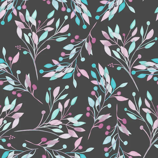 어두운 배경에 수채화 핑크, 민트와 보라색 잎과 나뭇가지와 원활한 패턴 — 스톡 사진