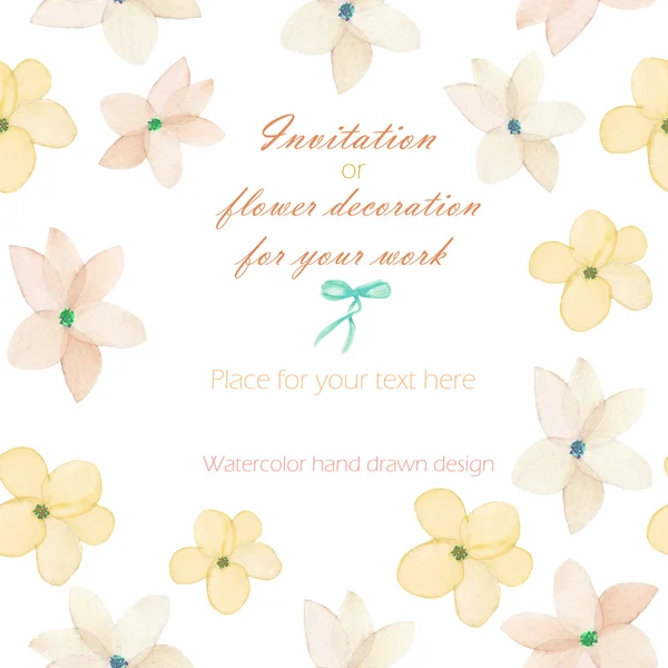 Φόντο, κάρτα πρότυπο με το τρυφερό ροζ λουλούδια άνοιξη, το χέρι σε ένα υδατογραφάκι σε λευκό φόντο — Φωτογραφία Αρχείου