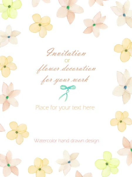 Background, template postcard with the tender pink spring flowers, hand drawn in a watercolor on a white background — Stock Photo, Image