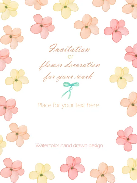 Background, template postcard with the tender pink spring flowers, hand drawn in a watercolor on a white background — Stock Photo, Image