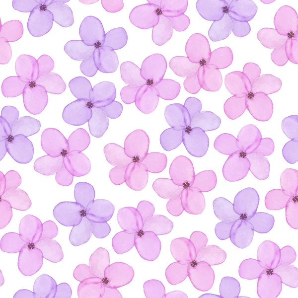 Een naadloze bloemmotief met aquarel handgetekende tedere paarse en roze Lentebloemen — Stockfoto