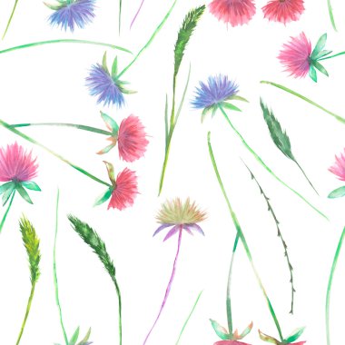Seamless floral pattern with the watercolor clover flower and grass clipart