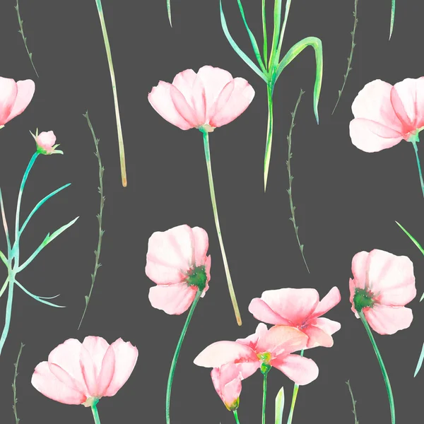 Un patrón floral sin costuras con acuarela dibujado a mano tiernas flores cosmos rosadas — Foto de Stock
