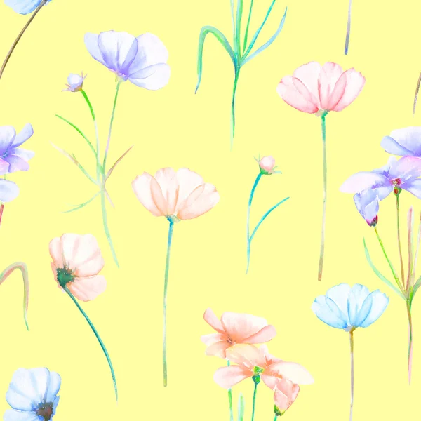 Μια άνευ ραφής λουλουδάτο μοτίβο με ακουαρέλα χέρι τρυφερό ροζ και μοβ cosmos λουλούδια — Φωτογραφία Αρχείου
