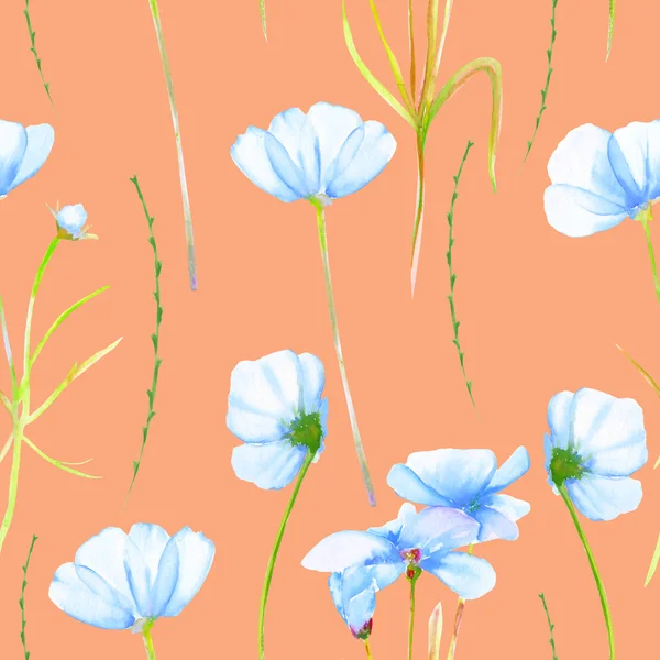 Un patrón floral sin costuras con acuarela dibujado a mano tiernas flores cosmos azules — Foto de Stock