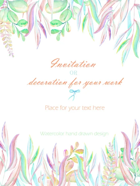 Bakgrund, mall vykort med abstrakt akvarell lila, rosa och gula grenar, hand dras på en vit bakgrund bakgrund för ditt kort — Stockfoto