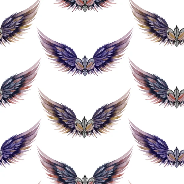 Seamless pattern of logos in the form of wings and heraldic lilies, hand drawn in a watercolor on a white background — Stock Photo, Image