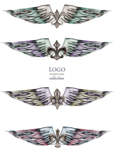 Soubor loga, symboly v podobě křídla a heraldická lilie, ručně kreslenou izolován v Akvarel na bílém pozadí — Stock fotografie