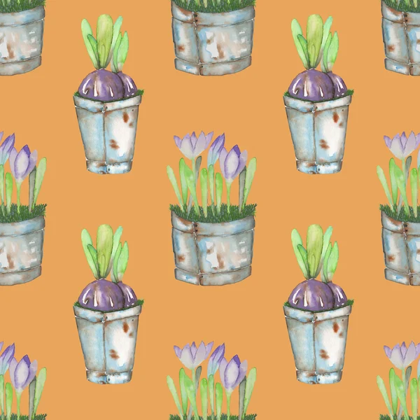 Seamless mönster av akvarell crocus blommorna i en rostig hinkar — Stockfoto