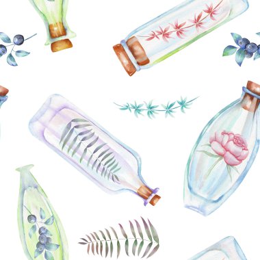 İçinde yaprak ve çiçek olan orman dalları ile suluboya şişeleri ile dikişsiz desen