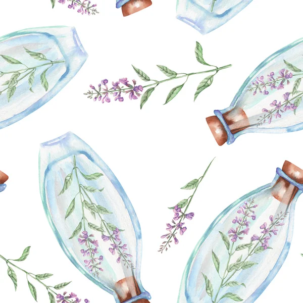 Naadloos patroon met aquarel flessen met Salvia bloemen binnenin — Stockfoto
