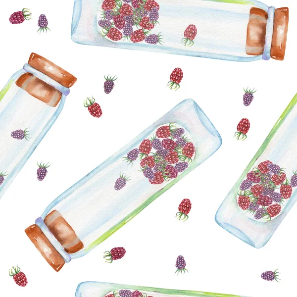 Patrón sin costuras con botellas de acuarela con fresas y frambuesas en el interior — Foto de Stock