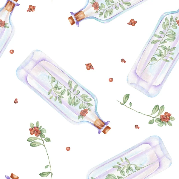 Zökkenőmentes mintázat akvarell palackok Cowberry ágak belsejében — Stock Fotó