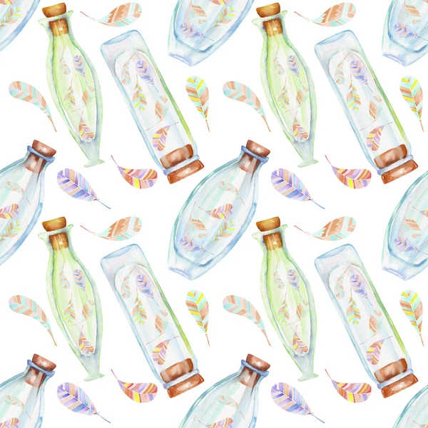 Sömlös mönster med vattenfärg flaskor med luft abstrakt fjädrar inuti — Stockfoto