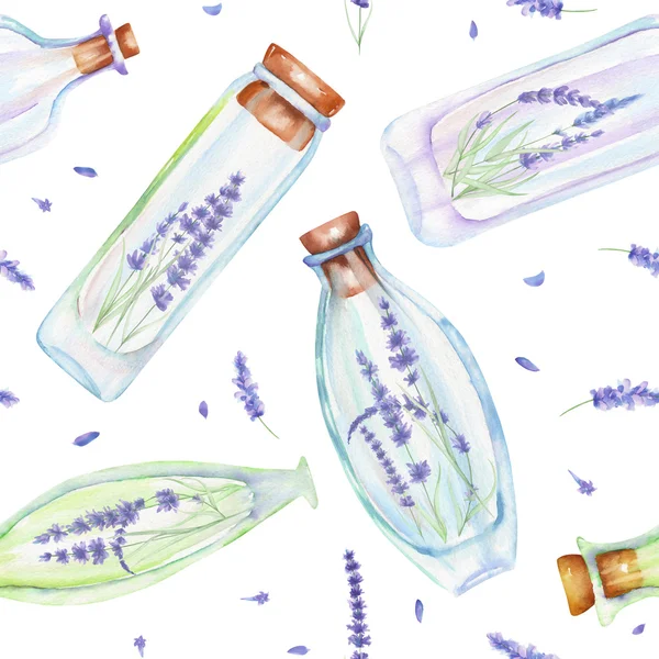 Naadloze patroon met aquarel flessen met tedere lavendel bloemen binnen — Stockfoto
