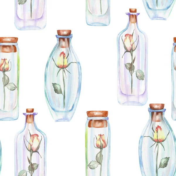 수채화 병과 장미 내부의 원활한 패턴 — 스톡 사진
