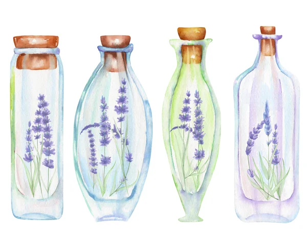 Ilustración romántico y cuento de hadas acuarela botellas con tiernas flores de lavanda en el interior —  Fotos de Stock