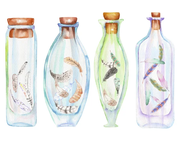 Ilustración romántico y cuento de hadas acuarela botellas con plumas de aire en el interior — Foto de Stock